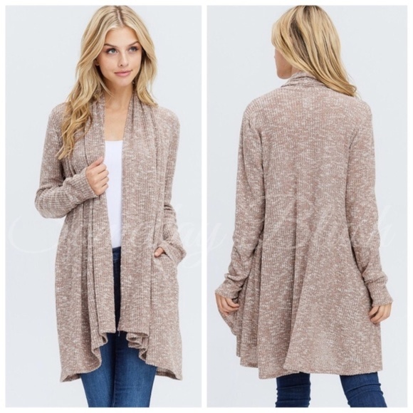 Taupe Ribbed Draped Cardigan Sweater - Picture 2 of 3